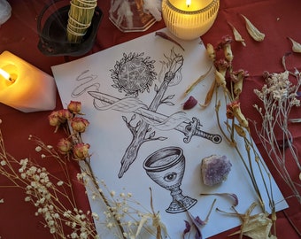 the Four Suits of the Tarot - Hand Drawn Art Print - Coloring Page - Witchy Wall Decor - Altar Piece - Digital Download - Printable Artwork
