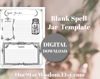 May include: Black and white printable spell jar template with decorative borders and lined sections for notes. Includes the text "Blank Spell Jar Template" and "Digital Download". The Etsy shop name "OneStarWisdom.Etsy.com" is also visible.