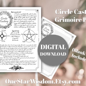 Może przedstawiać: Drukowalna strona grimoire'a z instrukcjami do rzucania kręgu, zawierająca pentagram i kompas. Strona zawiera puste miejsce na notatki i tekst "Circle Casting Grimoire Page".
