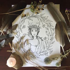 Goddess Artemis - Hand Drawn Art Print - Coloring Page - Witchy Wall Decor - Altar Piece - Digital Download - The Maiden Artwork