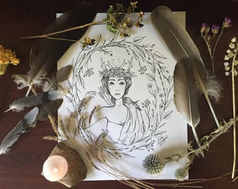 Goddess Artemis - Hand Drawn Art Print - Coloring Page - Witchy Wall Decor - Altar Piece - Digital Download - The Maiden Artwork