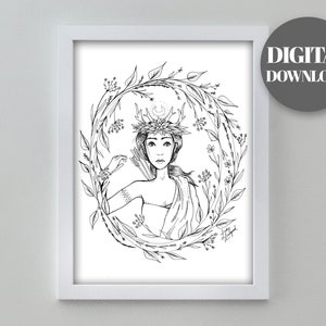 Goddess Artemis - Hand Drawn Art Print - Coloring Page - Witchy Wall ...