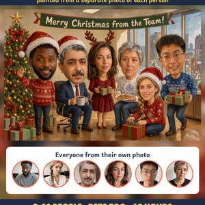 Puede incluir: Una ilustración de caricatura digital titulada CHRISTMAS TEAM CARICATURE que muestra a seis personas con cabezas exageradas en una oficina festiva con un árbol de Navidad, regalos y una pancarta que dice Merry Christmas from the Team!