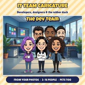 Custom IT Team Group Caricature from Photos, Software Developer Cartoon Portrait, Tech Startup Gift, Coworker Gift, Personalized Art