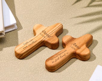 Personalized Olive Wood Cross with Name and Bible Verse | Wooden Pocket Cross | Prayer Hand Cross | Christian Gift | Baptism Keepsake