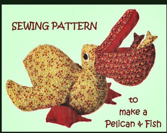 Full Size PDF Printable Sewing Pattern to make a  Pelican Water Bird & Fish Soft Fabric Toy Bean Bag or Door Stop 12 Inches Tall
