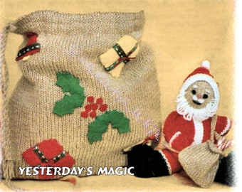 Instant Download PDF Knitting Pattern to make a Father Christmas Soft Toy or Decoration 10 Inch Santa & 12 Inch Xmas Sack 8 Ply Yarn