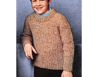 Instant Download PDF Quick Knitting Pattern to make a Boys Round Neck Chunky Bulky Sweater 3 sizes ages 4 to 14 years 22 to 32 inch Chest