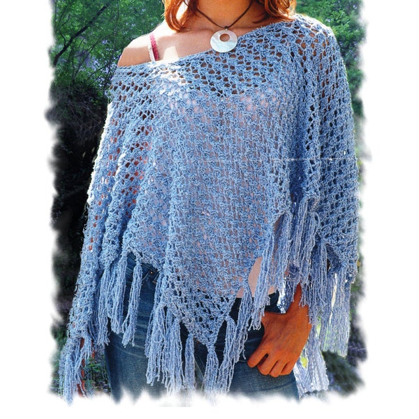 Instant Download PDF Beginners Easy Knitting Pattern to make a Lacy Mesh Fringed Summer Poncho Cape Shawl Womens and Girls Sizes