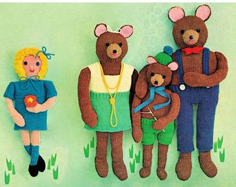 Instant Download PDF Soft Toy Knitting Pattern to make Dressed Goldilocks Doll & 3 Sizes of Teddy Bears 16 18  20 inches tall 8 Ply Yarn