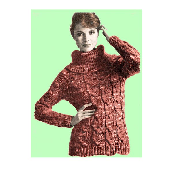 Instant Download PDF Knitting Pattern to make a Cable Womens Sloppy Joe Sweater Big Cowl Neck Chunky Yarn 3 Sizes 34 to 40 inch Bust