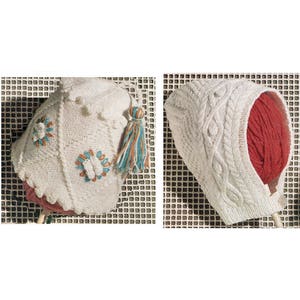 May include: Two white knitted hats, one with a tassel and the other with a cable knit pattern. Both hats are displayed on a white grid background.