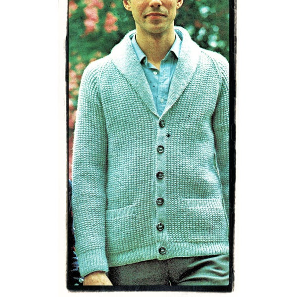 Instant Download PDF Knitting Pattern to make a Mens Rib Cardigan Shawl Collar Jacket with Pockets 8 Ply Yarn 3 Sizes 38 to 42 inch Chest