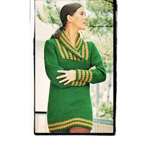 Instant Download PDF Knitting Pattern to make a Thigh Length Wrap Collar Womens Sweater Bulky Yarn 9mm Needles 5 Sizes 32 to 40 inch bust