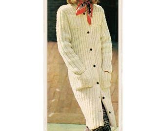 Instant Download PDF Knitting Pattern to make a Calf Length Long Cardigan Womens Coat Patch Pockets 10 Ply Yarn 3 Sizes 30 to 40 inch Bust