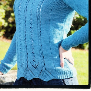 Instant Download PDF Knitting Pattern to make a Round Neck Fancy Hem Womens Sweater 8 Ply Yarn Sizes 32 34 36 38 40 42 44 46 inch Bust