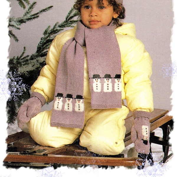 Instant Download PDF Intarsia Knitting Pattern to make Childrens Toddlers Hat Scarf Gloves Mittens & Leg Warmers Snowman Motif Winter Ski