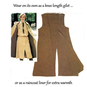 Instant Download PDF Knitting Pattern to make a Long Sleeveless Rain Coat Liner Womens Calf Length Waistcoat 3 sizes 32 to 36 inch bust