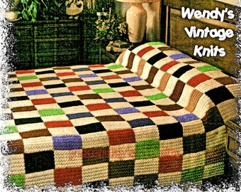 Instant Download PDF Easy Beginners Knitting Pattern to make a Rustic Patchwork Bedspread Blanket Sofa Throw Cushion Cover Log Cabin