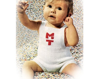 Instant Download PDF Knitting Pattern to make a Baby Bib & Brace Dungarees Romper Suit Optional Initials 3 Ply Yarn 2 Sizes 3 to 9 months