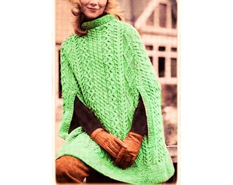 Instant Download PDF Knitting Pattern to make an Irish Aran Poncho Cape Womens Coat Thigh Length 10 ply Yarn fits up to a 40 inch Bust