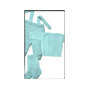 May include: A set of baby clothes in a light blue color, including a knitted onesie with suspenders, a knitted hat, and a pair of knitted socks.