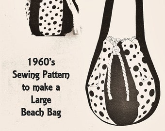 Full Size PDF Sewing Pattern to make a Bucket Pouch Style Handbag Large Beach Tote Bag Draw Cord Fastening A4 Printable Instant Download