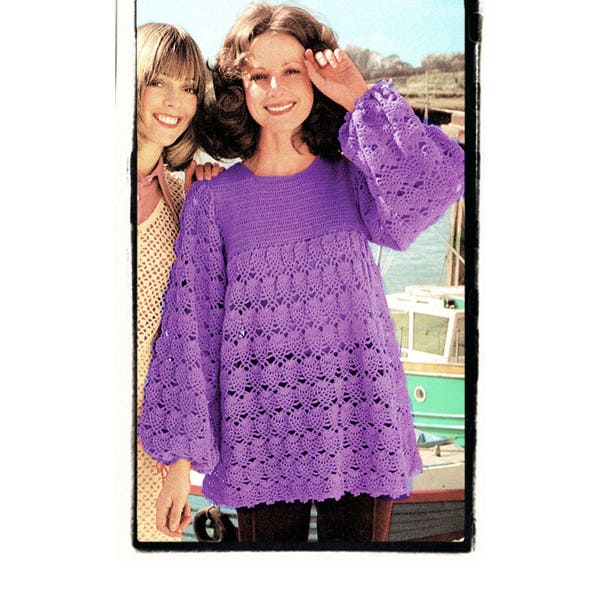 Instant Download PDF CROCHET PATTERN to make a Womens Lace Smock Long Sleeves Tunic Sweater Mini Dress 4 ply yarn 3 Sizes 32 to 36 inch Bust