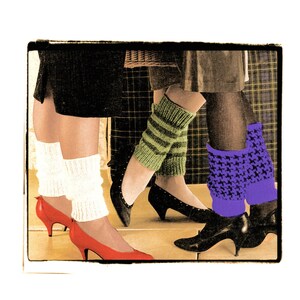 May include: A vintage-style image featuring multiple pairs of legs wearing various leg warmers and heels. The leg warmers are white, green, and purple. The shoes are red and black. The image has a retro aesthetic.