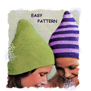 May include: Two knit hats, one green and one striped purple and white, are worn by two people. The text "EASY PATTERN" is visible above the hats.
