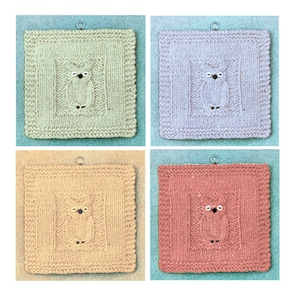 May include: Four knitted owl squares in different colors: green, blue, beige, and pink. Each square features a simple owl design with black eyes and a brown beak.