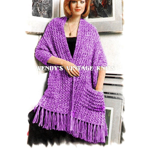 Instant Download PDf Easy Quick Beginners Knitting Pattern to make a Chunky Shoulder Wrap Stole with Pockets Evening Shawl Big Needles