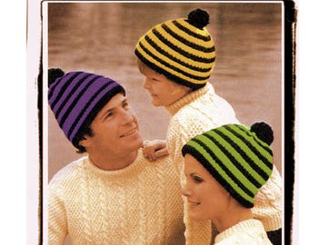 Instant Download PDF Beginners Easy Knitting Pattern to make a Winter Pom Pom  Beanie Ski Hat Mens Womens Childrens 3 Sizes 8 Ply Yarn