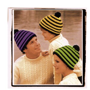 Instant Download PDF Beginners Easy Knitting Pattern to make a Winter Pom Pom  Beanie Ski Hat Mens Womens Childrens 3 Sizes 8 Ply Yarn