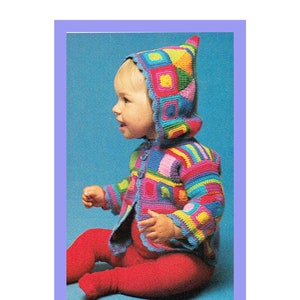 Instant Download PDF Crochet Pattern to make a Patchwork Multi Colour Granny Squares Baby Jacket Coat Pixie Hood 3 Ply Yarn 6 to 12 months