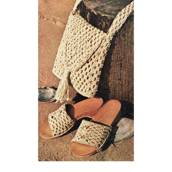 Instant Download PDF Macrame Pattern Tutorial Instructions to make A Handbag Shoulder Bag Purse and Womens Summer Wooden Soled Sandals