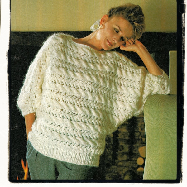 Instant Download PDF One Piece Knitting Pattern to make a Cable Batwing Dolman Sleeve Womens Sweater Chunky Yarn  2 Sizes 32 to 40 inch Bust