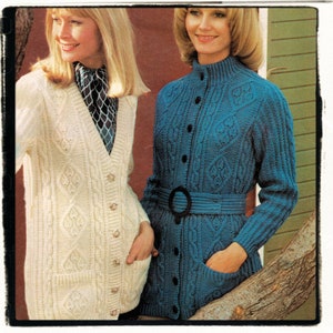 Instant Download PDF Knitting Pattern to make a Womens Thigh Length Aran Cardigan Jacket With Pockets 10 Ply Yarn 6 Sizes 32 to 42 inch bust