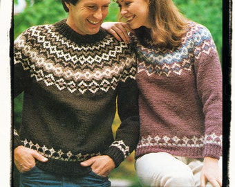 Instant Download PDF Knitting Pattern to make a  Fairisle Yoke Nordic Sweater Mens & Womens Chunky Yarn 32 34 36 38 40 42 inch Bust Chest