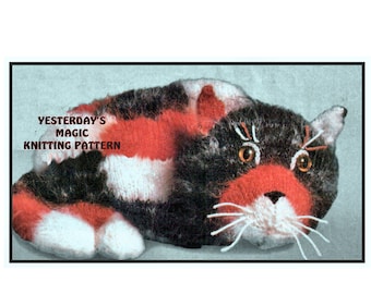 Instant Download PDF Soft Toy Knitting Pattern to make a Tortoiseshell Tabby Marmalade Cat Kitten Cushion or Door Stop 8 Ply DK Yarn