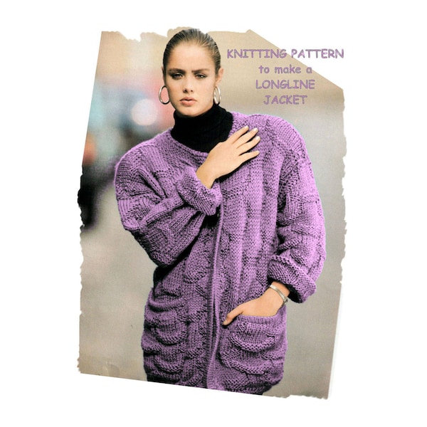 Téléchargement instantané PDF Modèle de tricot facile pour débutants pour faire une veste surdimensionnée pour femme avec des poches jusqu'à 40 pouces de buste