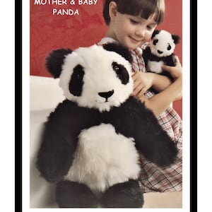 May include: Sewing pattern to make a mother and baby panda. A young girl holds a large black and white panda plush toy. A smaller panda plush toy is in the girl's other hand. The background is red.