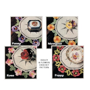 Instant Download PDF Crochet Pattern to make a Lace Doiley Table Centre Place Mat Dressing Table Pansy Marigold Rose Poppy Summer Flowers