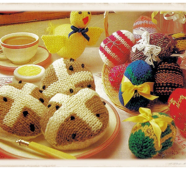 PDF Knitting Pattern to make Hot Cross Buns Fairisle Easter Eggs Play Food 8 Ply DK Yarn Instant Download