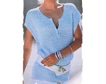 Instant Download PDF Knitting Pattern to make a Womens Sleeveless Hip Length Summer Sweater 8 Ply Ribbon Yarn 2 Sizes 32 to 38inch Bust