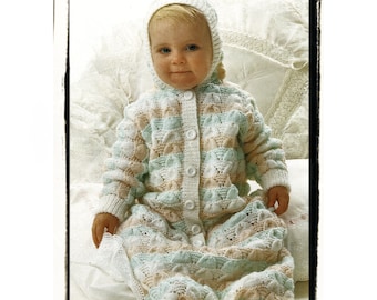 Instant Download PDF Knitting Pattern to make a Baby Sleeping Bag Cocoon Button Up Sleep Suit with Pixie Hood 8 Ply Yarn 18 & 20 inch Chest