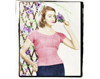 Instant Download PDF Fifties Knitting Pattern to make a Womens Cable & Rib Cap Sleeve Scoop Neck Summer Top 3 ply Yarn up to 36 inch Bust