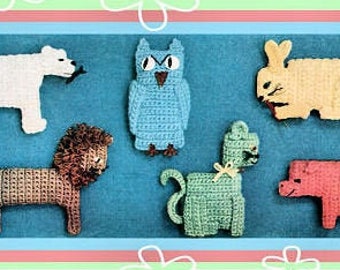 Instant Download PDF Easy CROCHET PATTERN to make 6 Soft Baby Cot Toy Pets & Wild Animals Rabbit Cat Owl Polar Bear Lion Pig Chunky Yarn