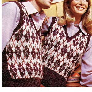 Instant Download PDF Knitting Pattern to make a Womens Mens Argyle Tank Top Sleeveless Sweater Slipover 2 Sizes 34 to 40 inch Chest Bust