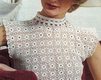 Instant Download PDF Crochet Pattern to make a Womens High Neck Cap Sleeve Victorian Style Lace Summer Blouse 3 Sizes 30 to 38 inch bust